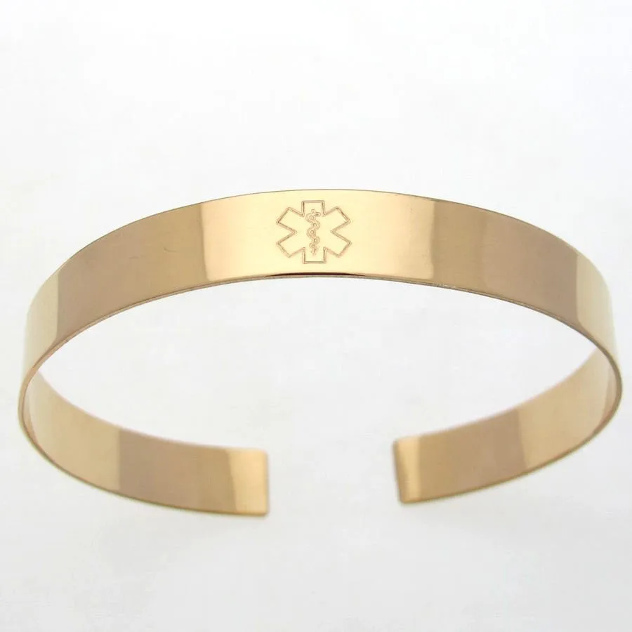 Gold Medical Alert ID Bracelet for Men - Custom Engravable cuff Bangle