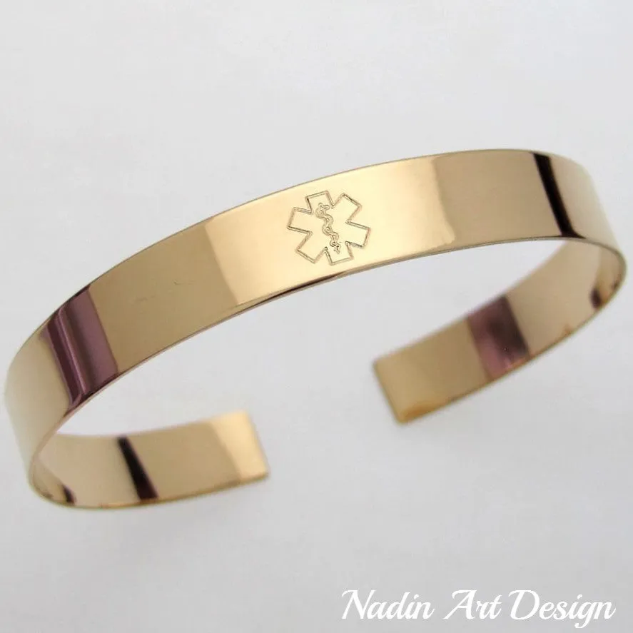 Gold Medical Alert ID Bracelet for Men - Custom Engravable cuff Bangle