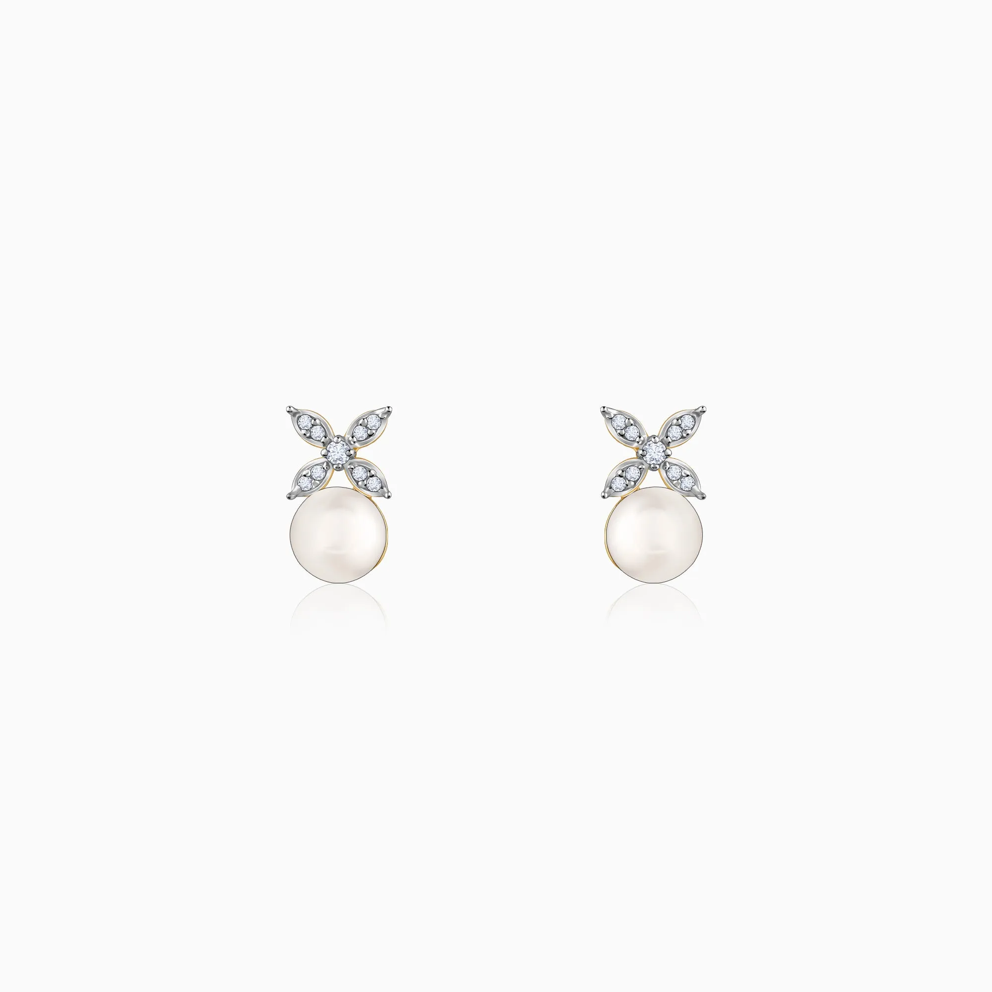 Gold Pearl-fect Floral Diamond & Pearl Earrings