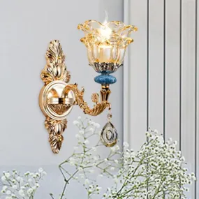 Golden Floral Crystal Wall Lamp Kit - 2-Layer, 1/2-Bulb Option for Bedside Mounting