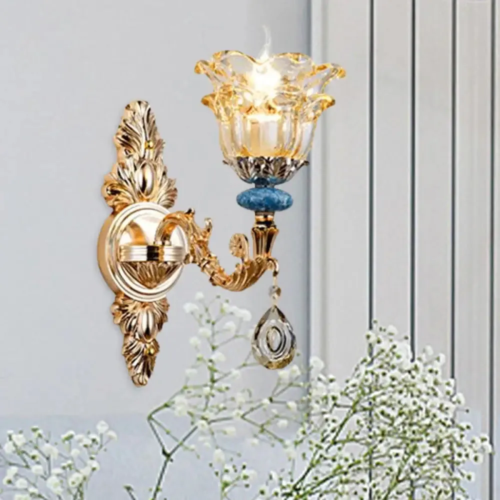 Golden Floral Crystal Wall Lamp Kit - 2-Layer, 1/2-Bulb Option for Bedside Mounting