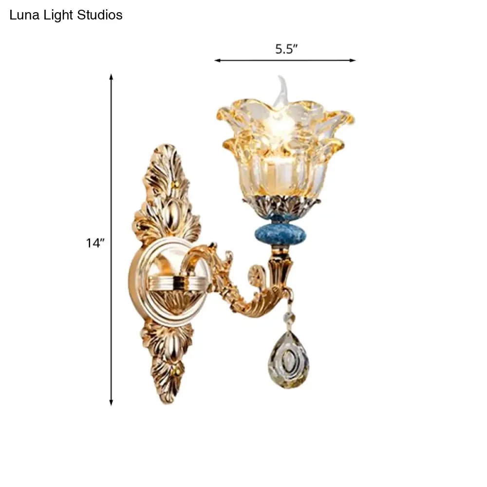 Golden Floral Crystal Wall Lamp Kit - 2-Layer, 1/2-Bulb Option for Bedside Mounting