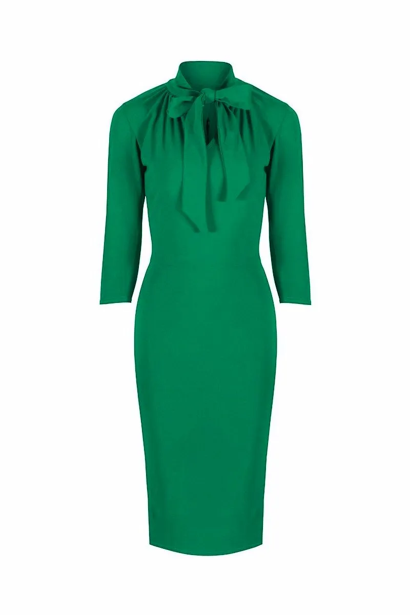 Green 3/4 Sleeve Tie Neck Bodycon Pencil Dress