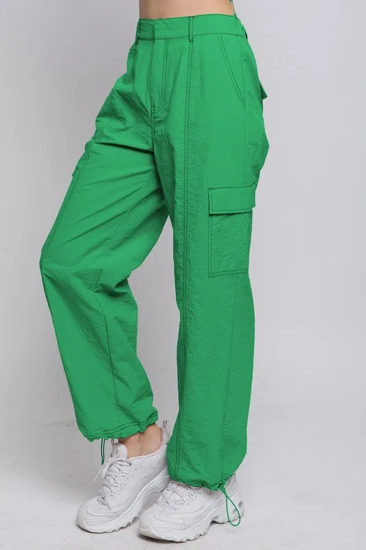 Green Parachute Cargo Pants w/Adjustable Toggles