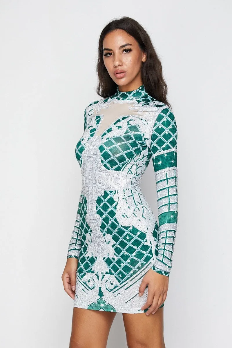 Green Print Long Sleeve Rhinestone Mini Dress