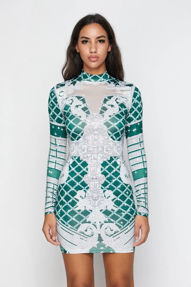 Green Print Long Sleeve Rhinestone Mini Dress