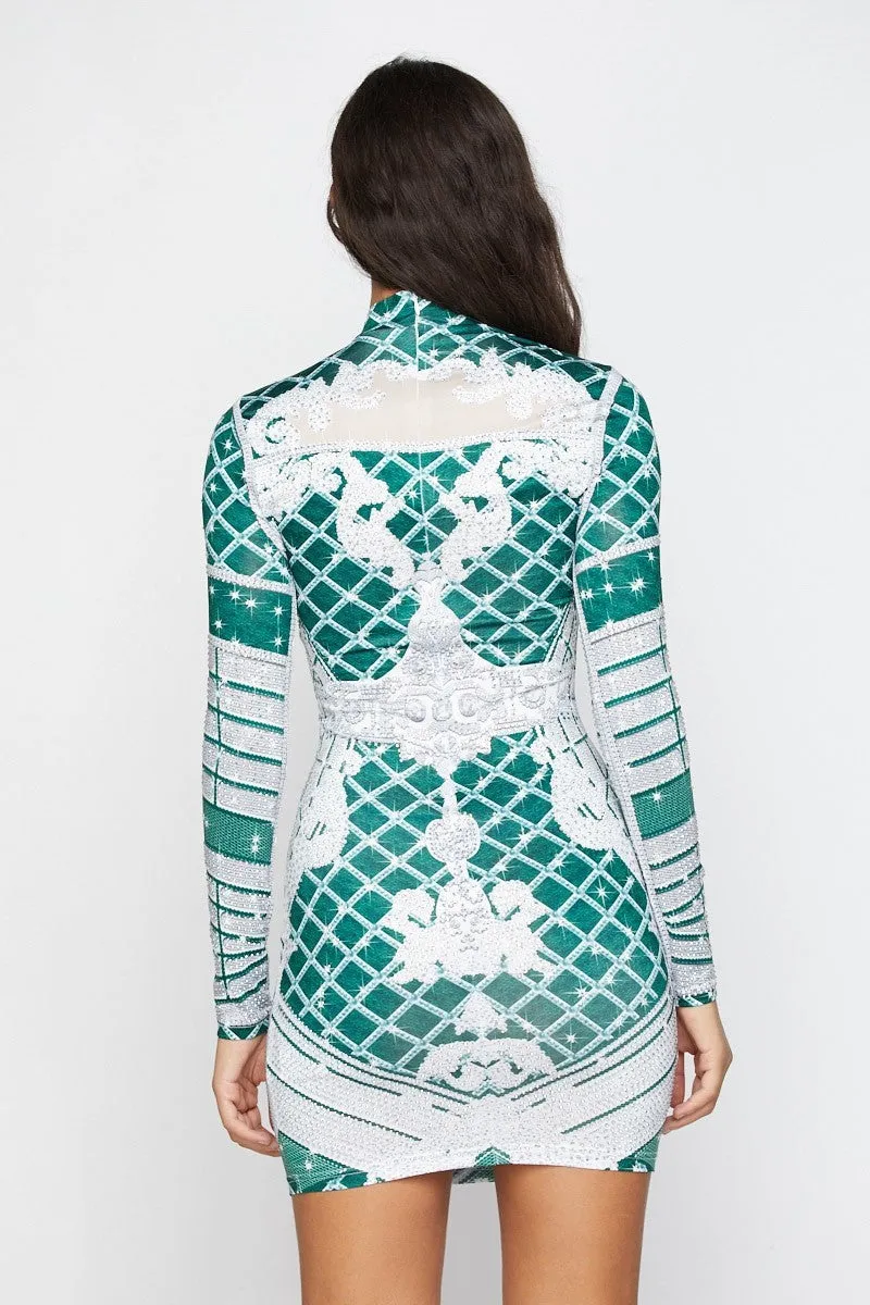 Green Print Long Sleeve Rhinestone Mini Dress