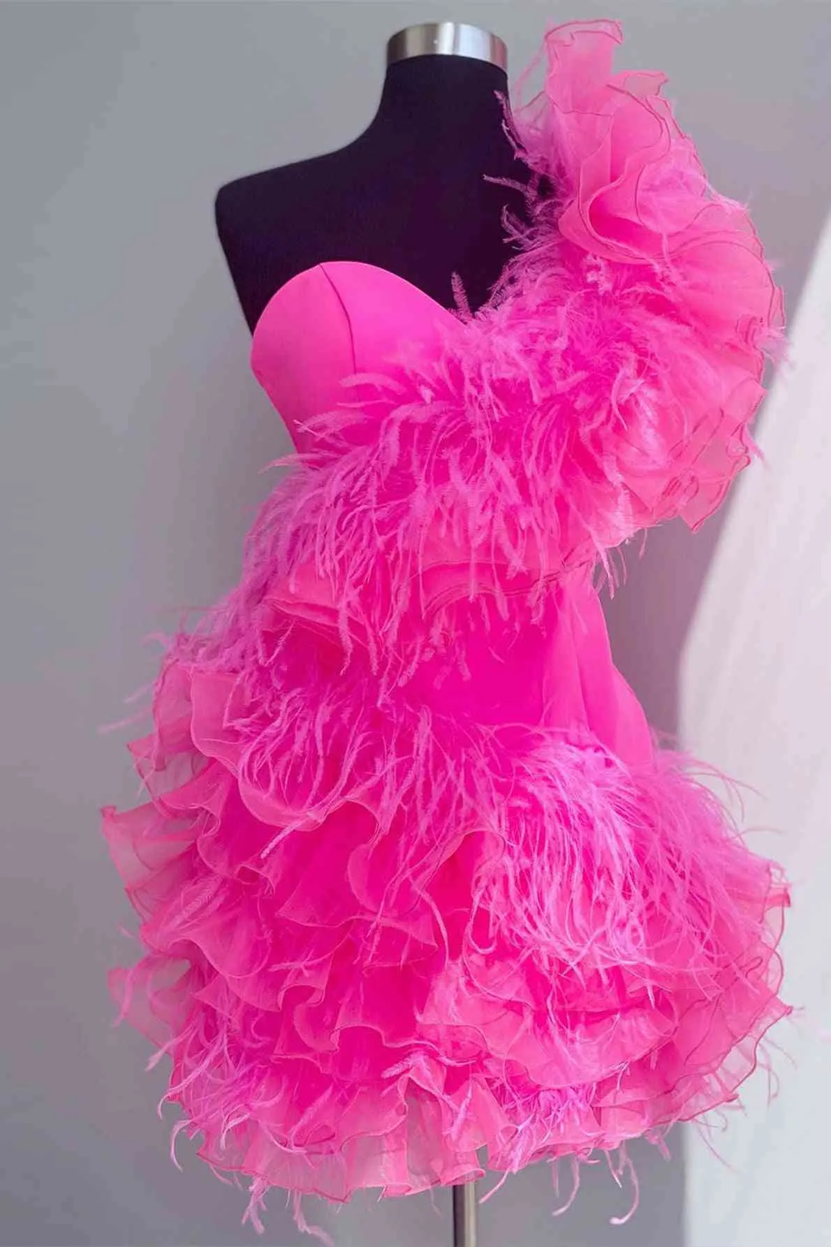 Hot Pink Mini Dress, Ruffled Short Homecoming Dress with Feathers