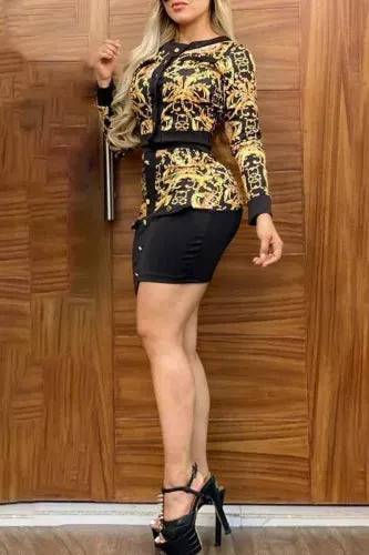 Italian Print Black & Gold Bodycon Skirt Set