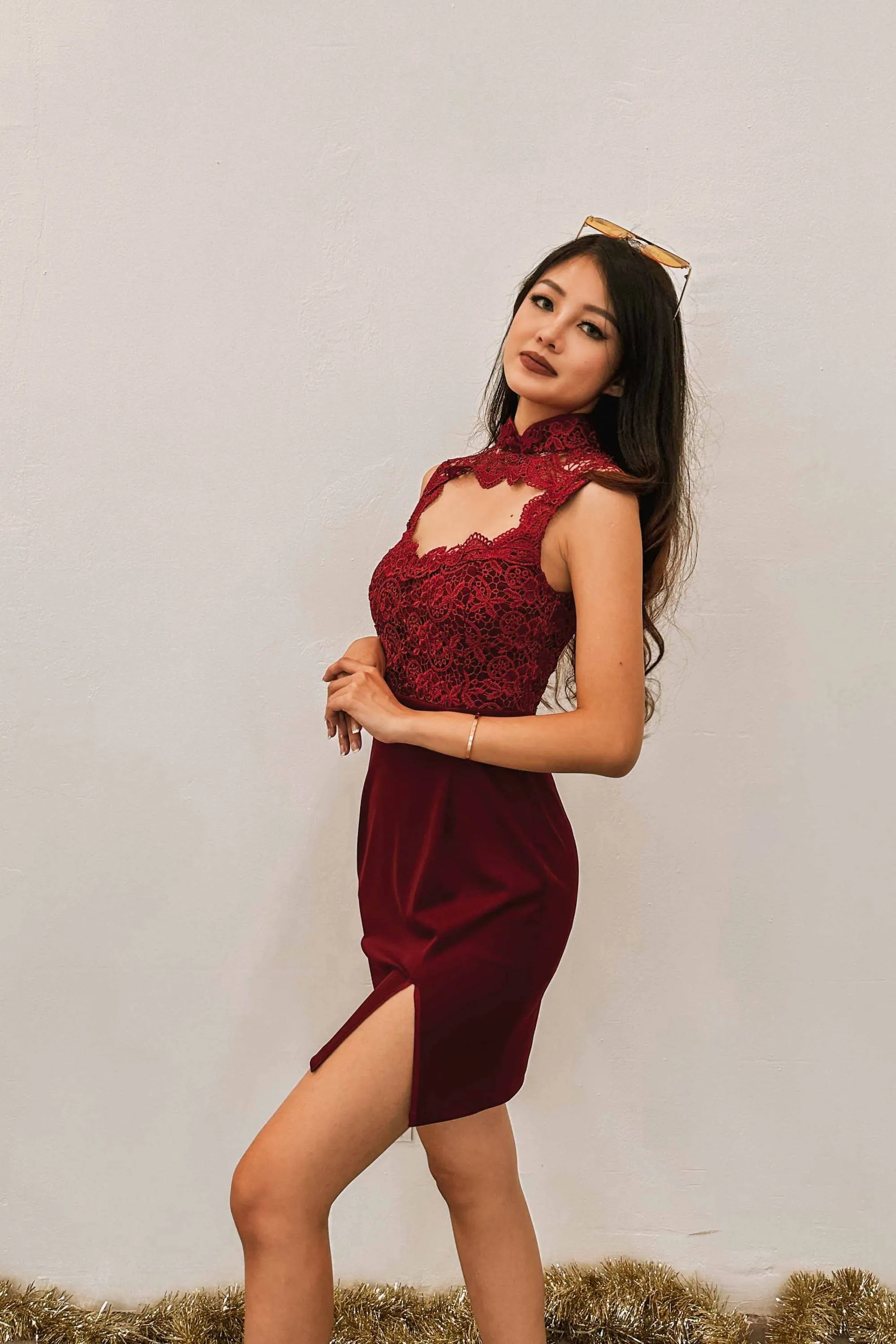 Ixquisit Floral Crochet Qipao in Red