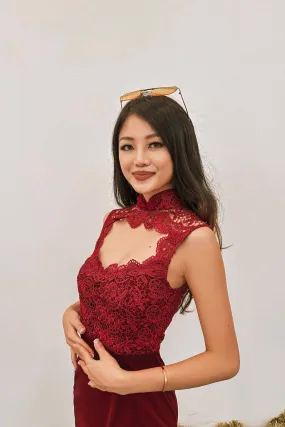 Ixquisit Floral Crochet Qipao in Red