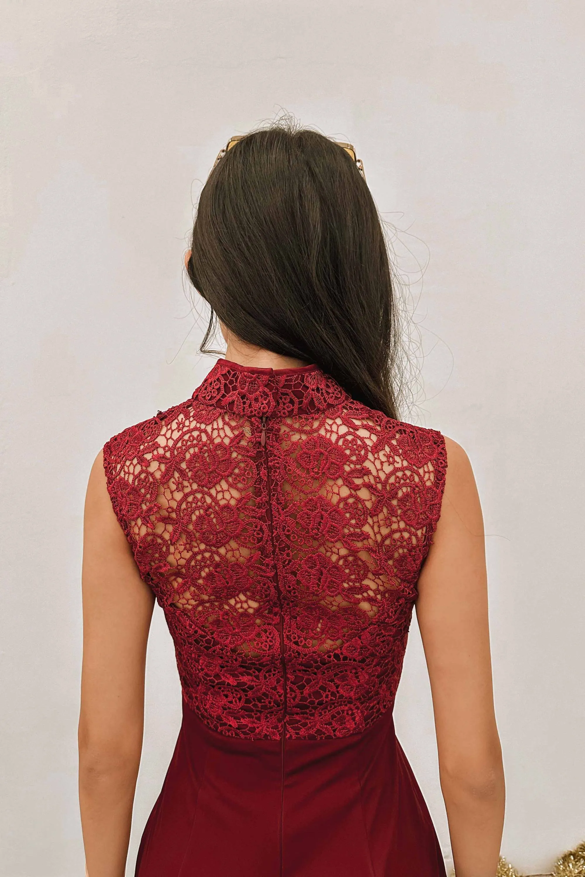 Ixquisit Floral Crochet Qipao in Red