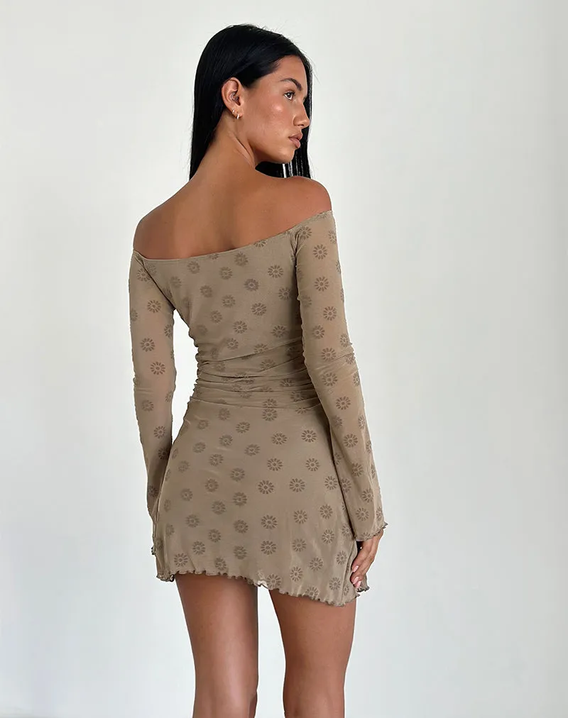 Kausar Off Shoulder Mini Dress in Daisy Flock Light Brown