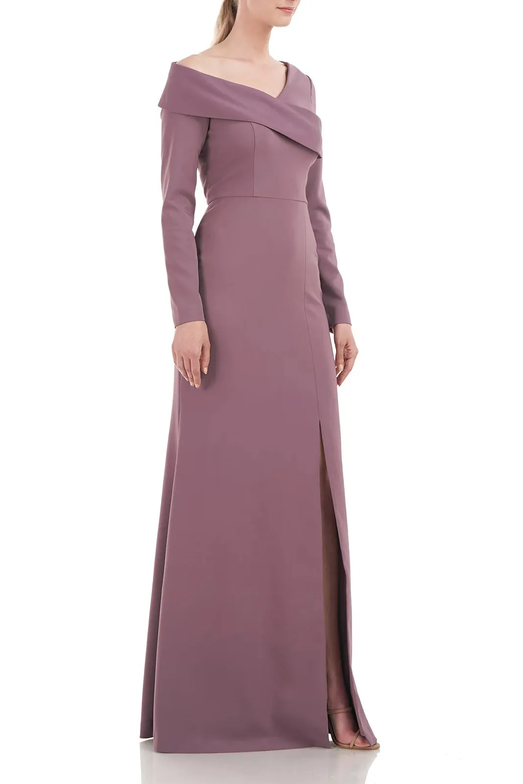 Kay Unger Asymmetrical Draped Neckline Long Sleeve Bodycon Zipper Back Stretch Crepe Gown