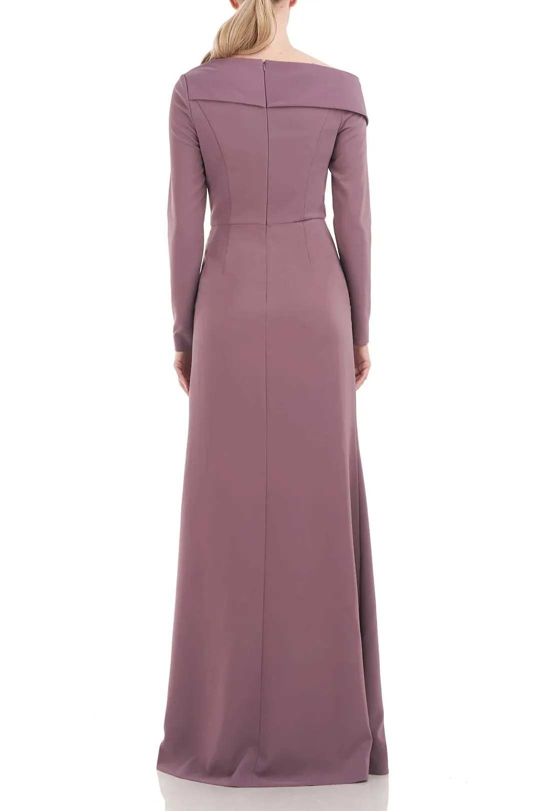 Kay Unger Asymmetrical Draped Neckline Long Sleeve Bodycon Zipper Back Stretch Crepe Gown