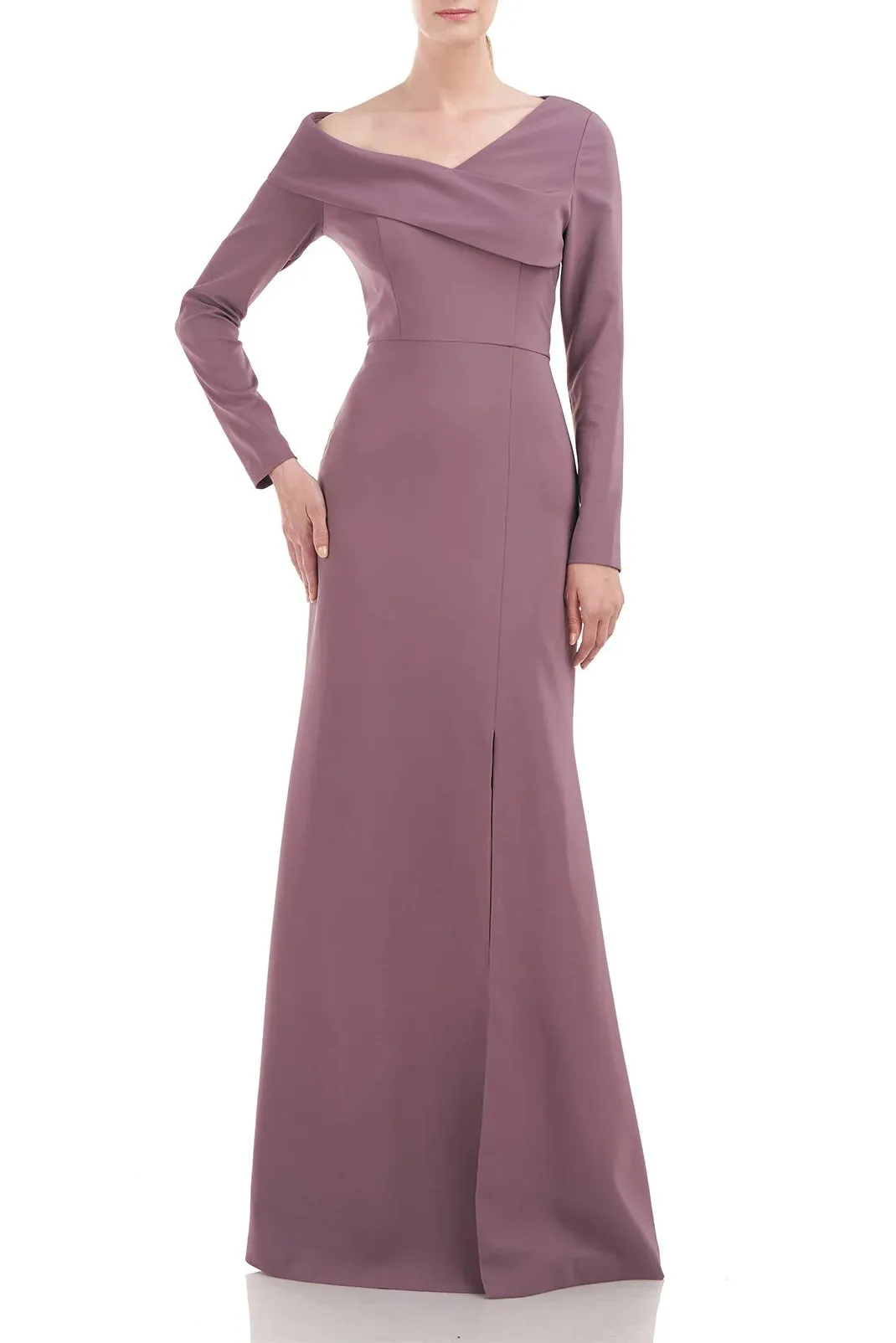 Kay Unger Asymmetrical Draped Neckline Long Sleeve Bodycon Zipper Back Stretch Crepe Gown