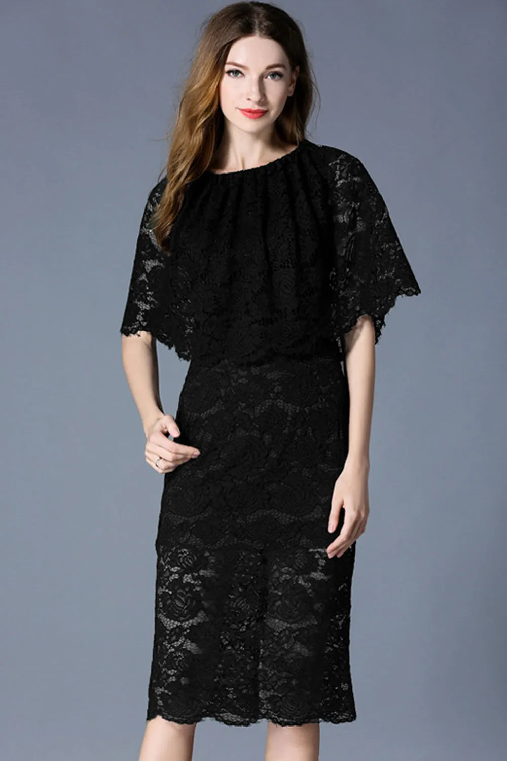 Ketty More Women A-Line Short Sleeves V-Neck Lace Dress Black-KMWD032