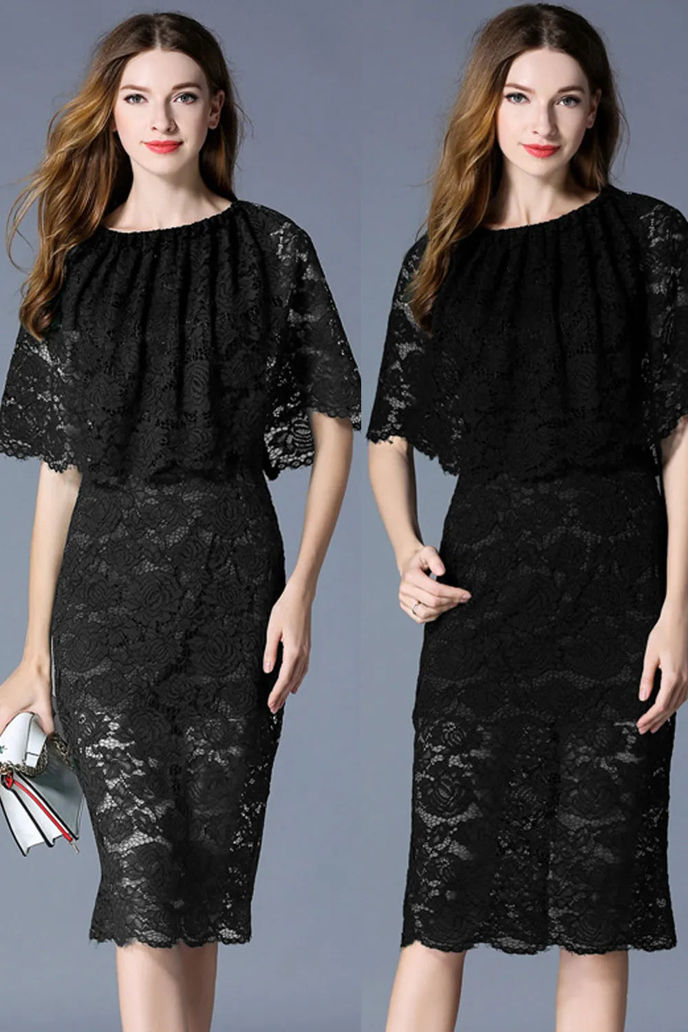 Ketty More Women A-Line Short Sleeves V-Neck Lace Dress Black-KMWD032