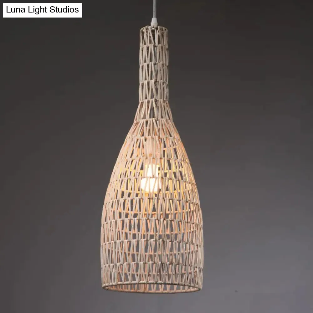 Khaki Bamboo Rattan Pendant Lighting - Asian 1-Light Bottle Ceiling Hang Fixture