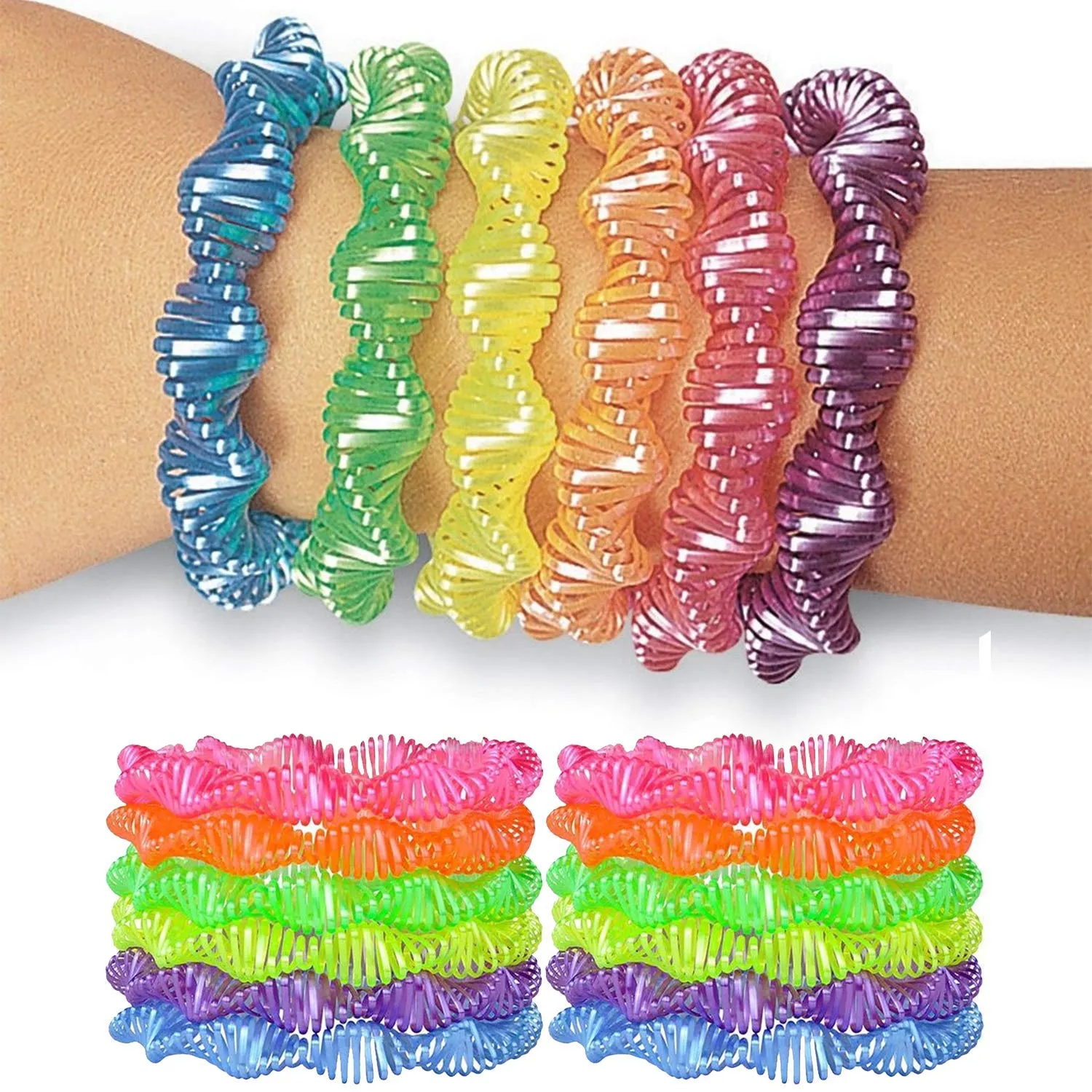 Kicko Neon Twisted Plastic Coil Bracelet - 24 Pack - Stretchable Spring Wrist Springs, 6.5