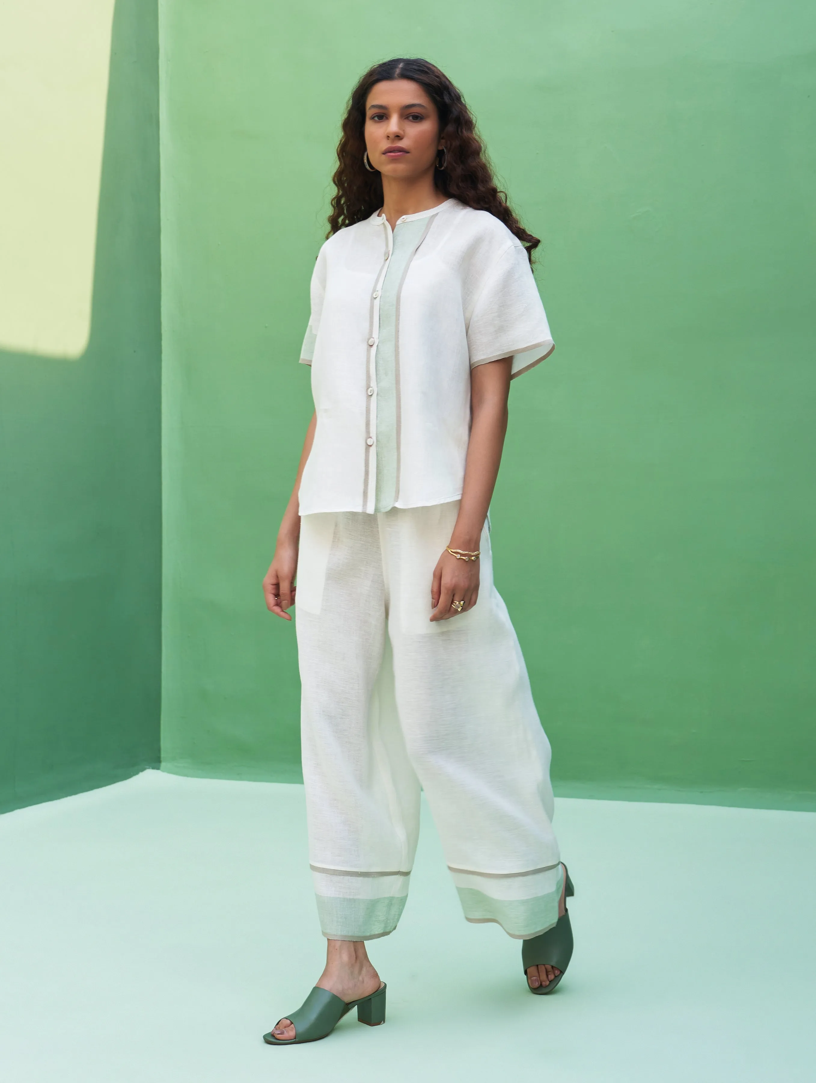 Kol Border Linen Co-ord Set - Ivory