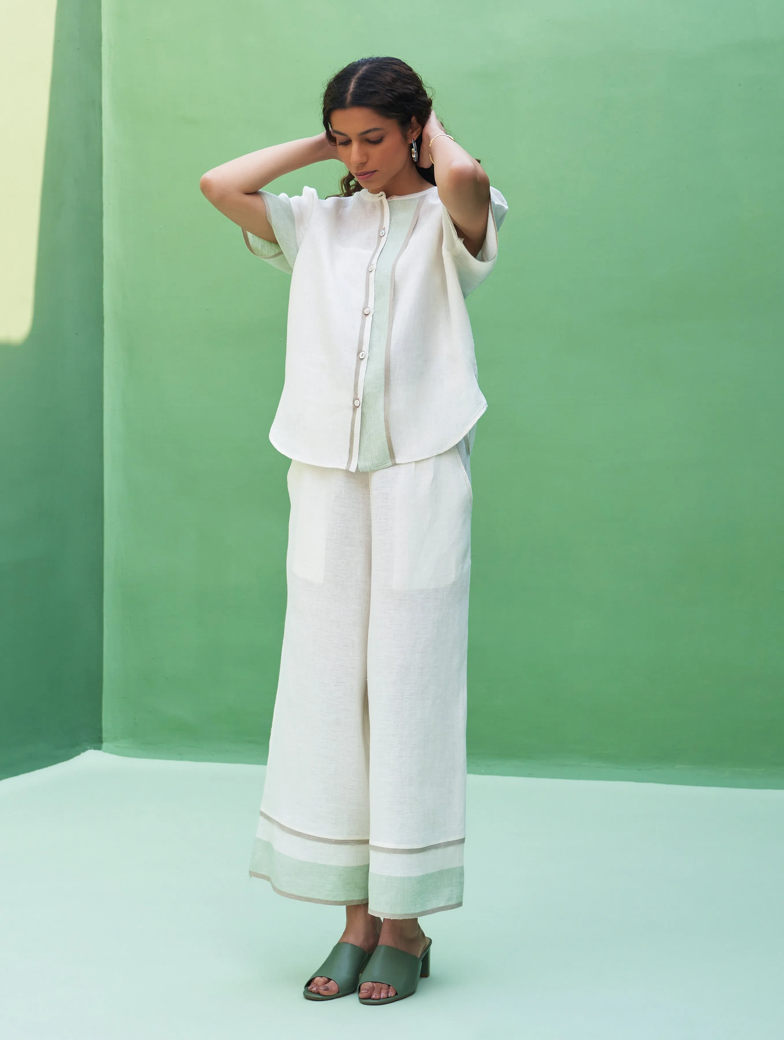 Kol Border Linen Co-ord Set - Ivory