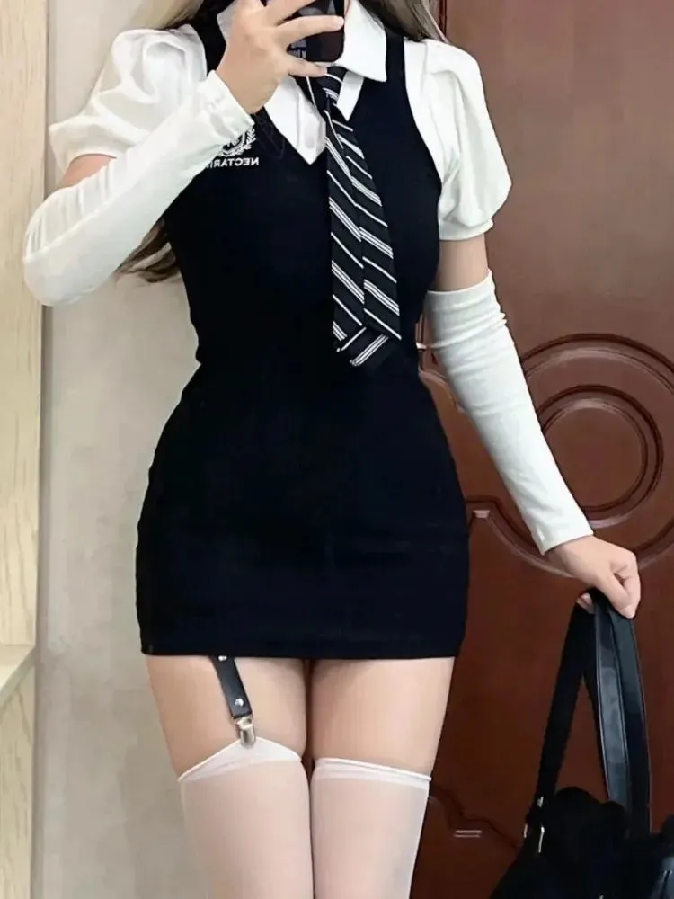 Korean Style School Student Dress Preppy Style Fake Two Polo Collar Bodycon Black Slim Mini Short Dresses Autumn