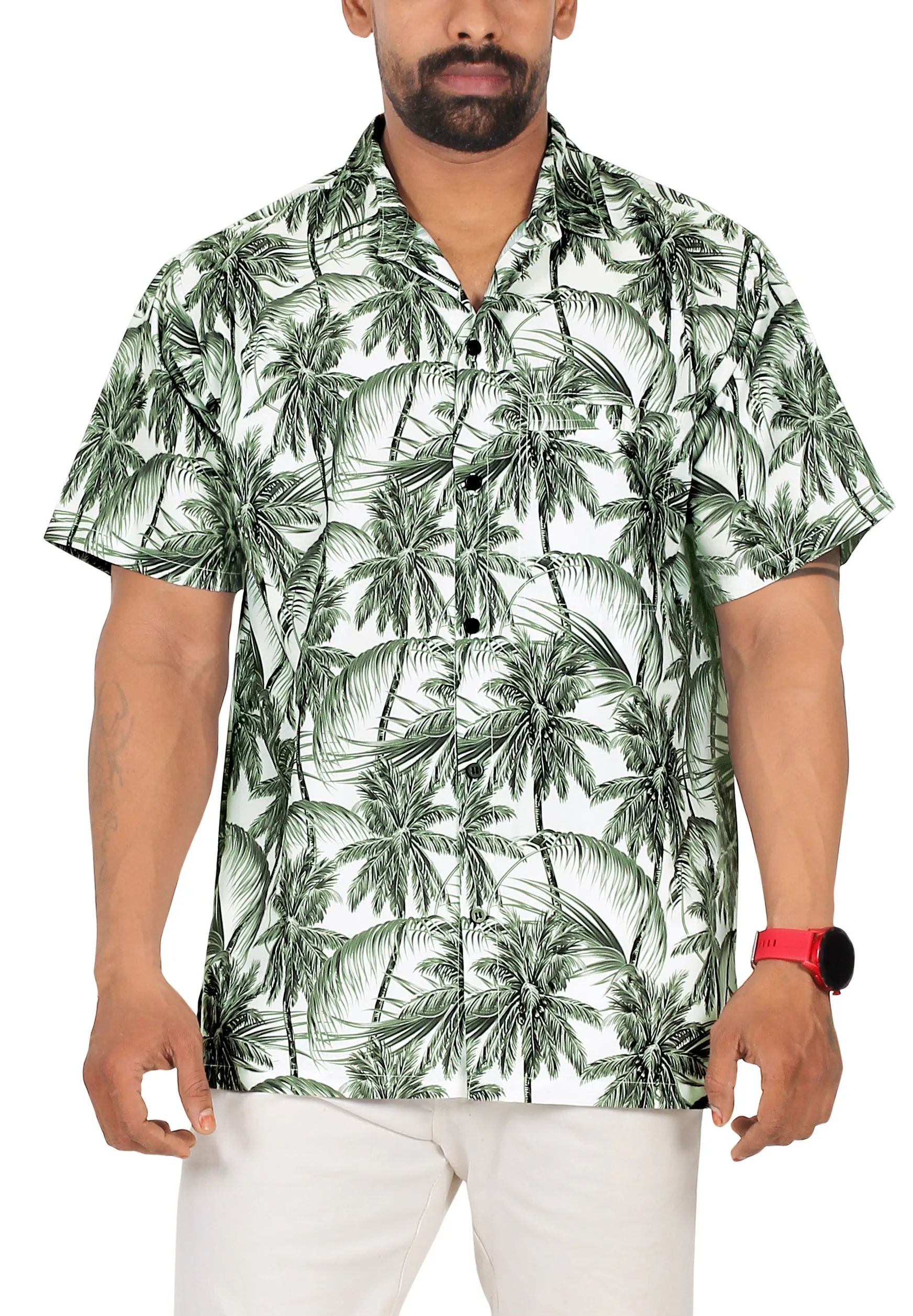 La Leela Men's Relax Tropical Coconut Tree Hawaiian Shirt White Gray