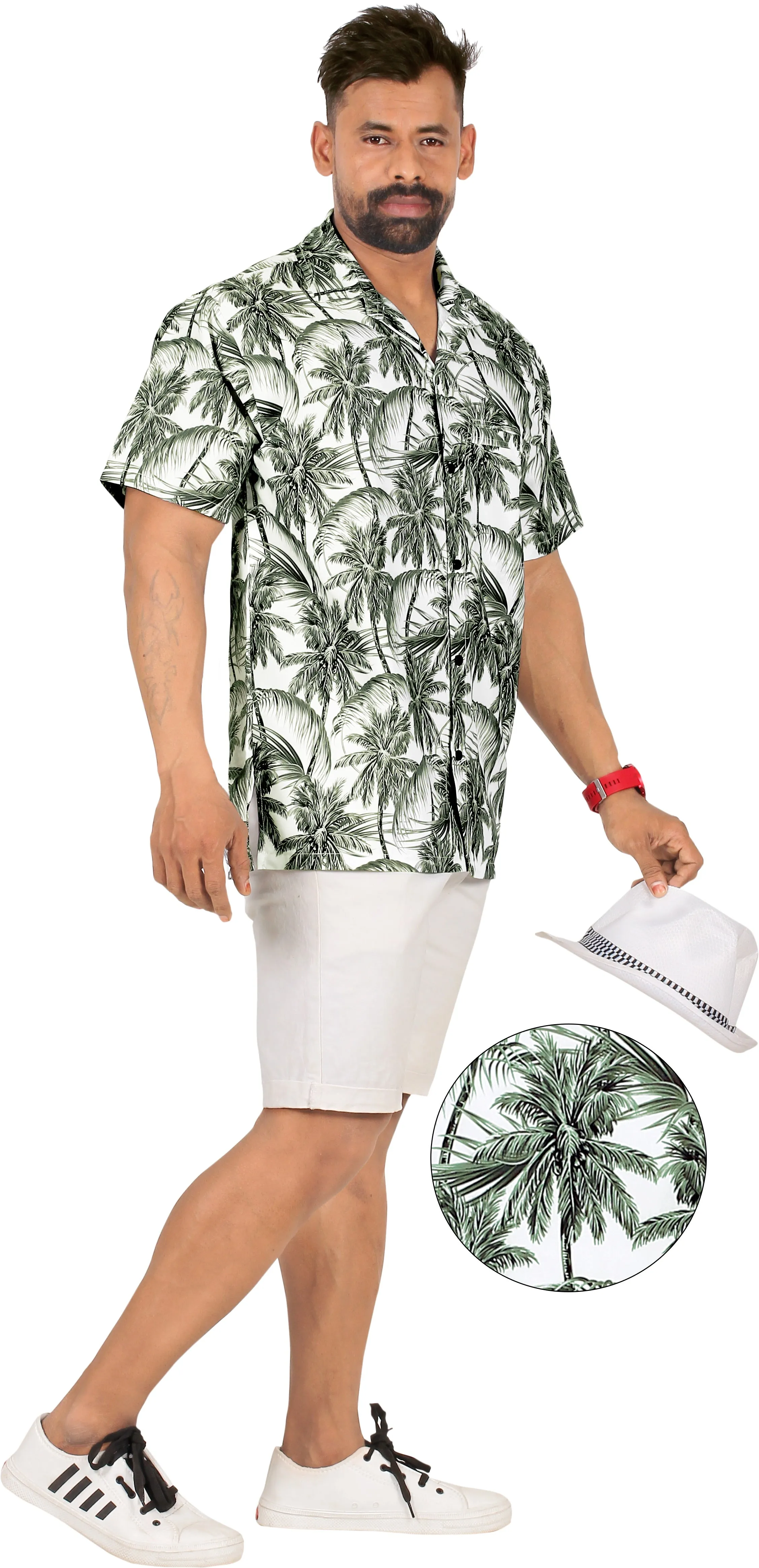 La Leela Men's Relax Tropical Coconut Tree Hawaiian Shirt White Gray