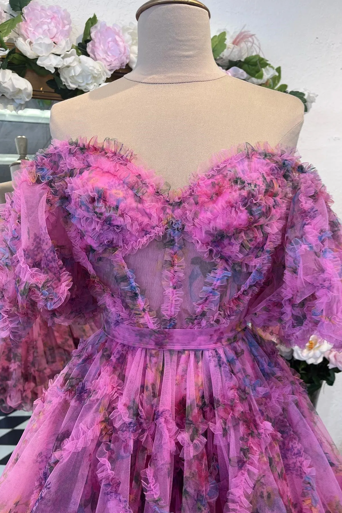 Lavender & Fuchsia Off-the-Shoulder Ruffles Homecoming Dress