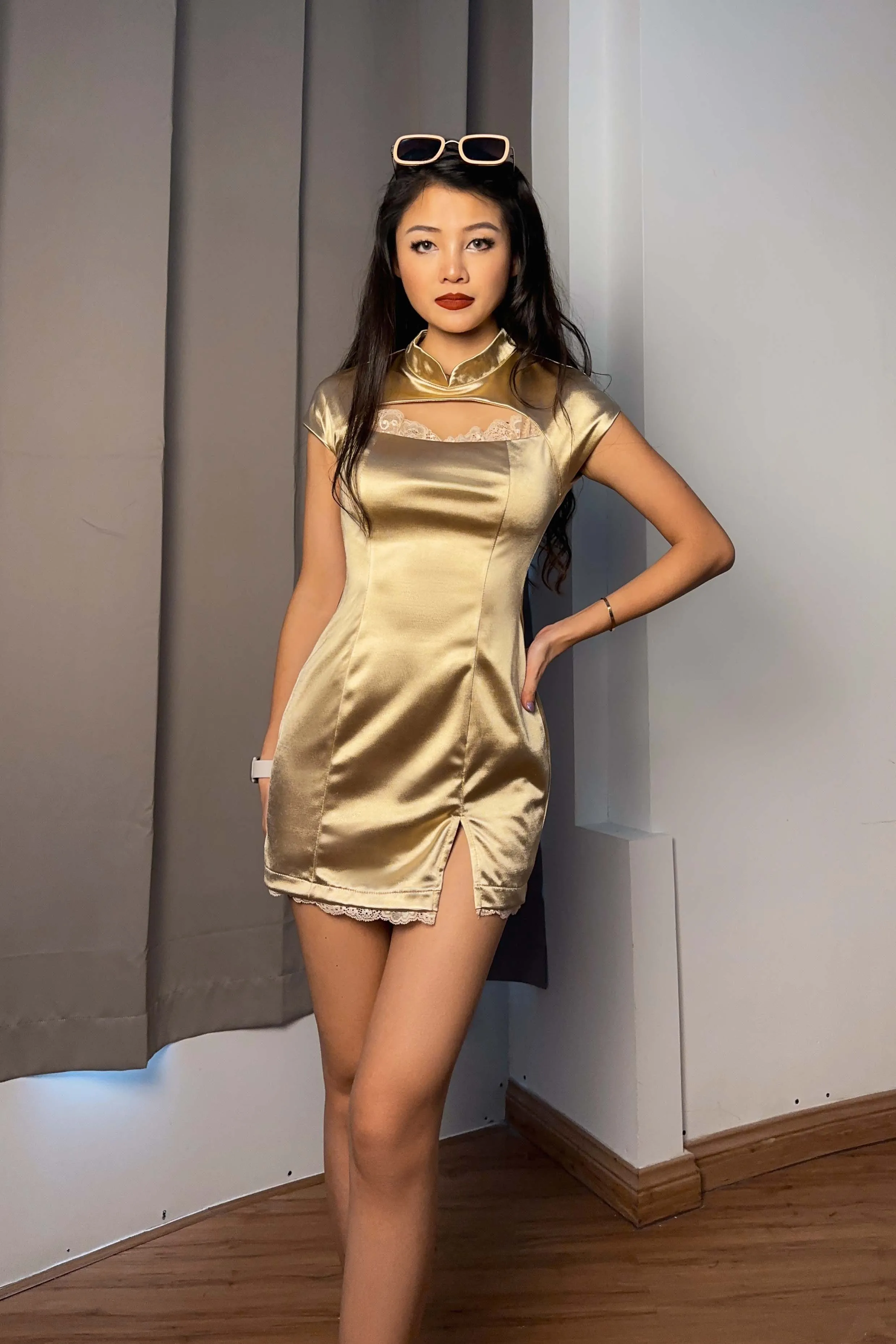 Leighton Satin Lace Qipao in Champagne Gold