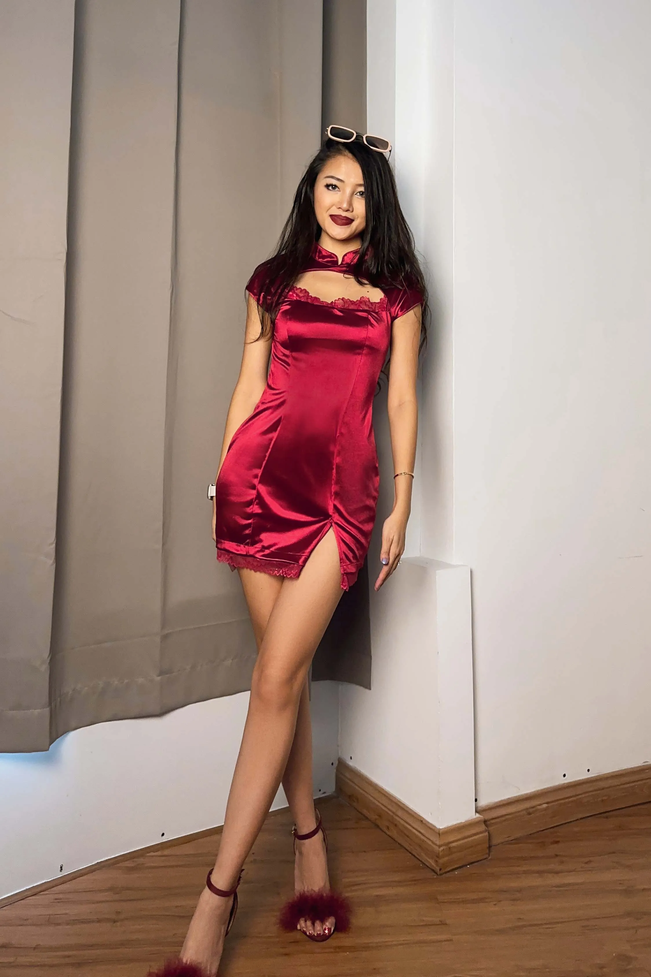 Leighton Satin Lace Qipao in Red