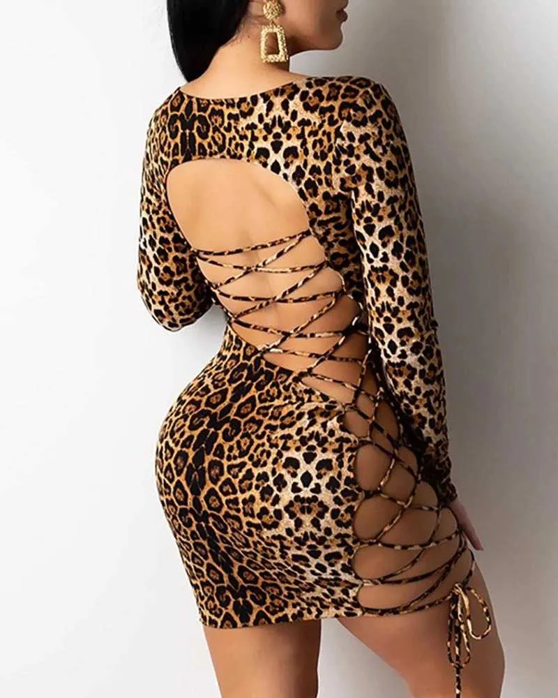 Leopard Strappy Criss Cross Bodycon Back Lace Up Dress