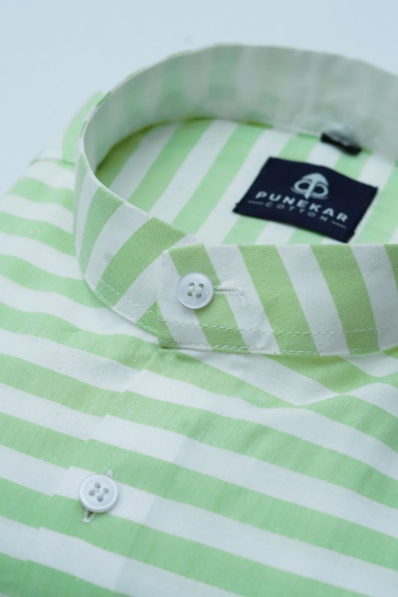 Light Green Color Stand Collar Strips Shirts For Men