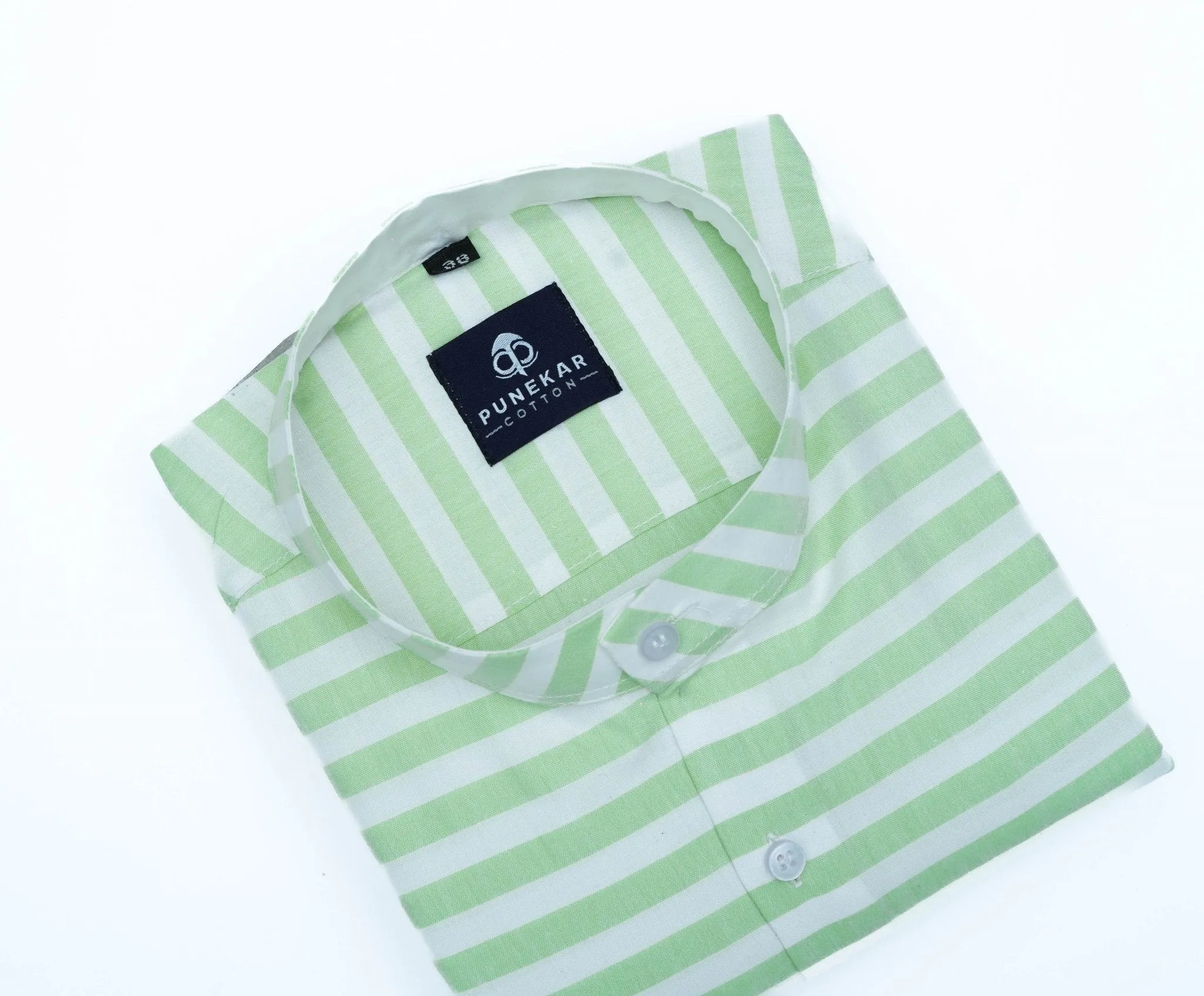 Light Green Color Stand Collar Strips Shirts For Men