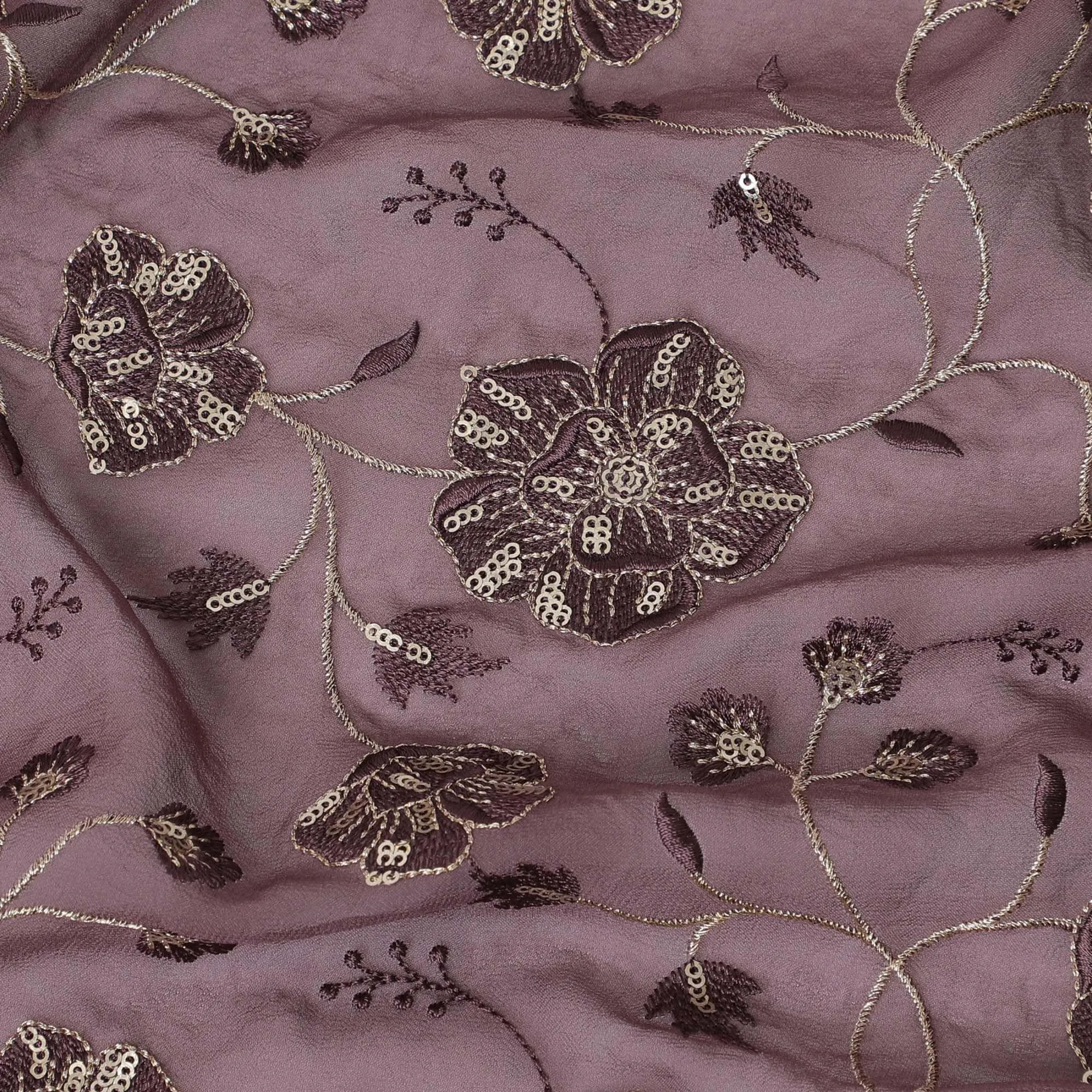 Light plum synthetic georgette fabric with gold and black sequins in floral design-D15818