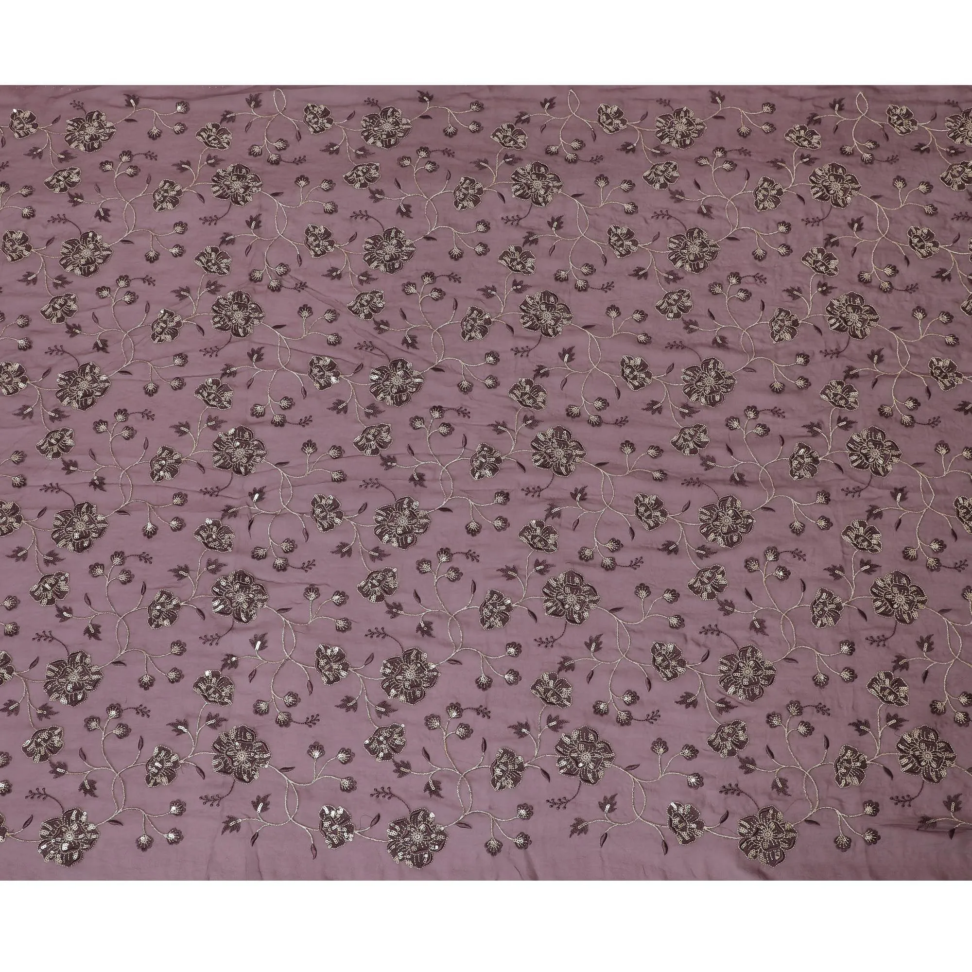 Light plum synthetic georgette fabric with gold and black sequins in floral design-D15818