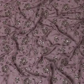 Light plum synthetic georgette fabric with gold and black sequins in floral design-D15818