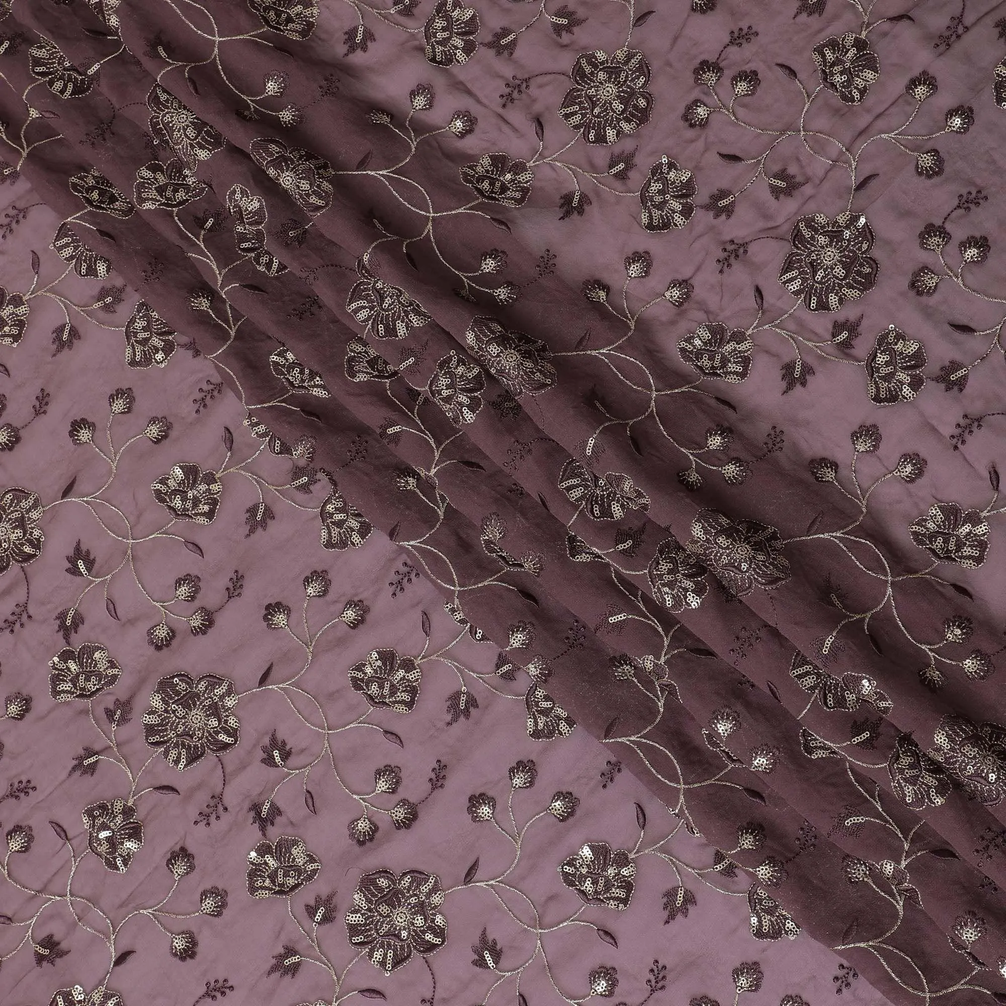 Light plum synthetic georgette fabric with gold and black sequins in floral design-D15818