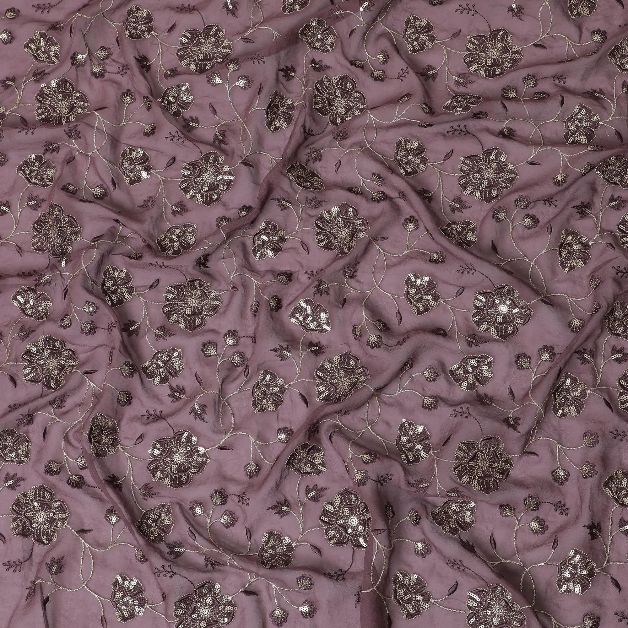 Light plum synthetic georgette fabric with gold and black sequins in floral design-D15818