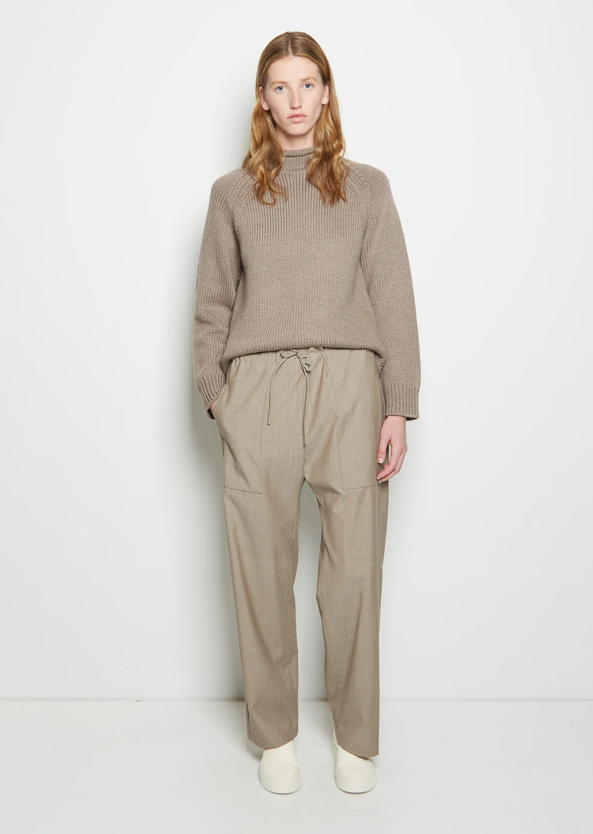 Light Wool Drawstring Trousers — Beige