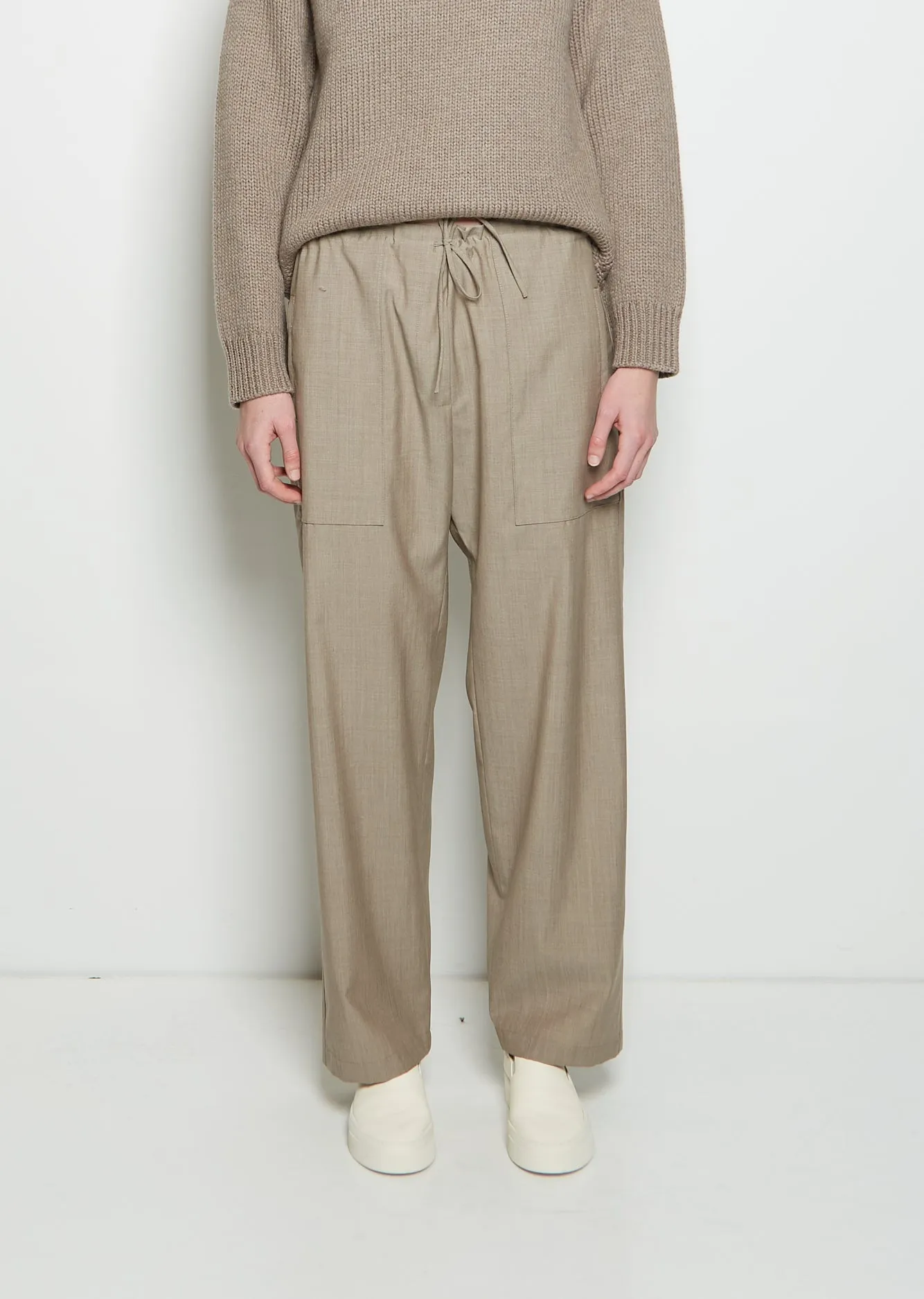 Light Wool Drawstring Trousers — Beige