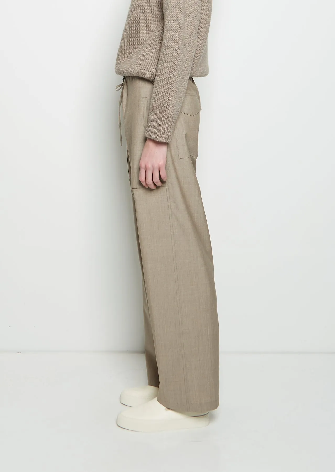 Light Wool Drawstring Trousers — Beige