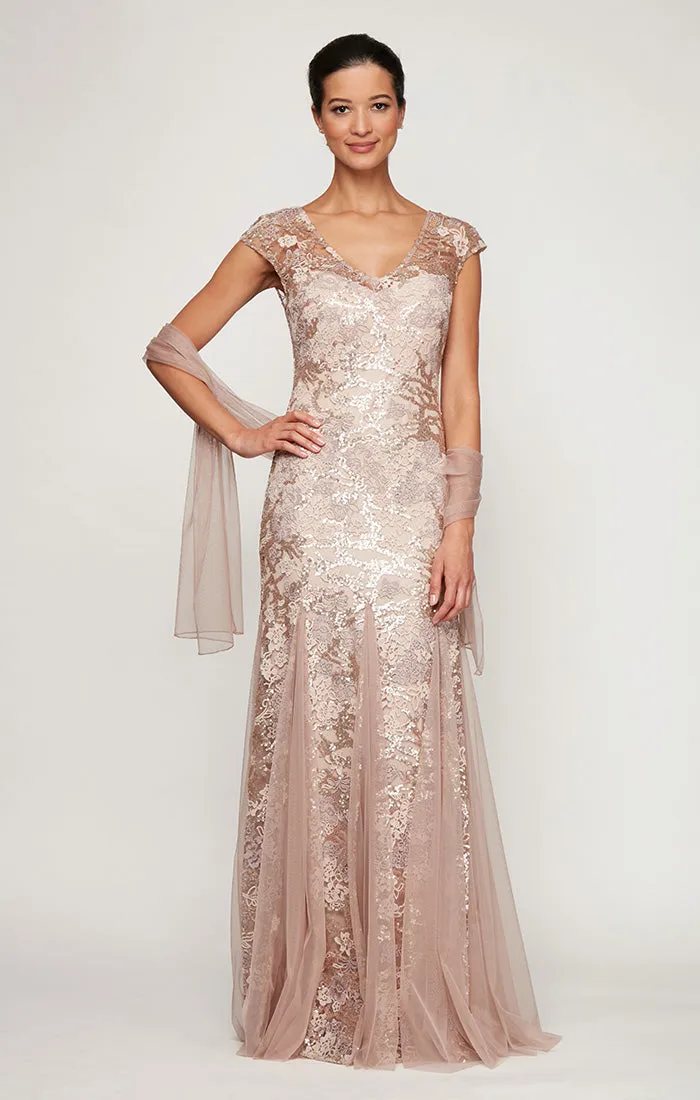 Long Cap Sleeve Embroidered Fit and Flare Dress With Godet Detail Skirt, Illusion V-Neckline and Shawl