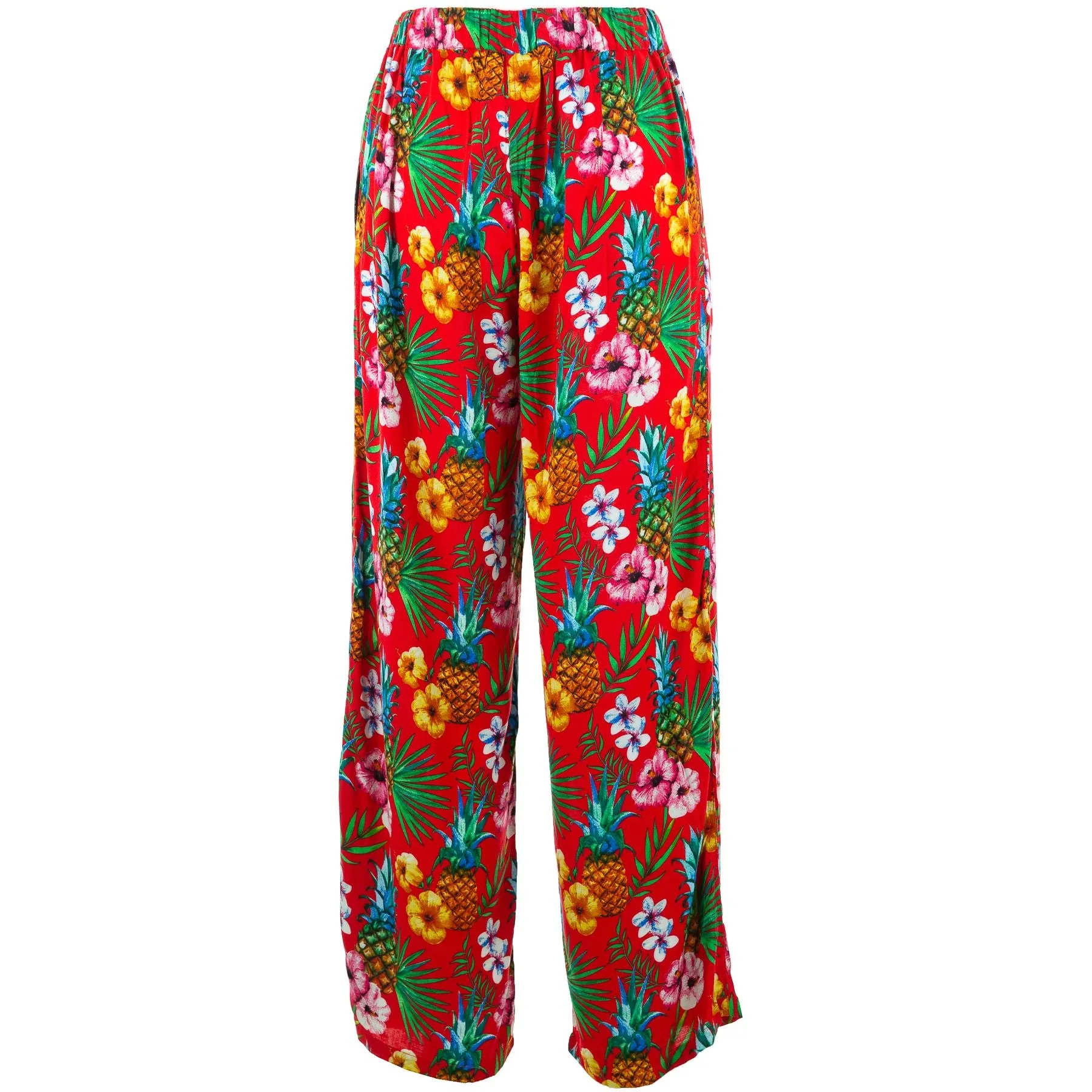 Loose Summer Trousers - Red Tropical Leaf