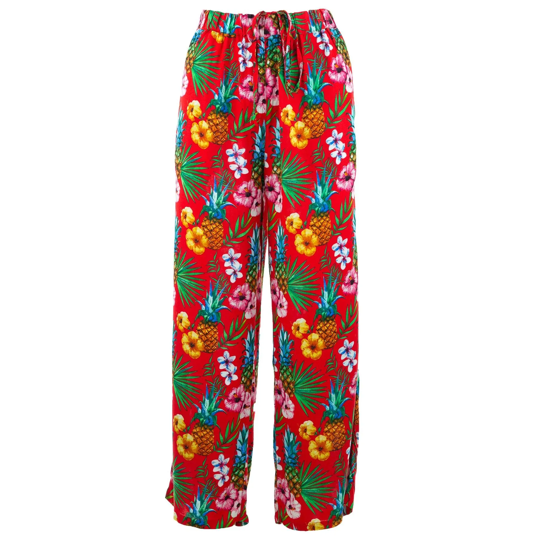 Loose Summer Trousers - Red Tropical Leaf