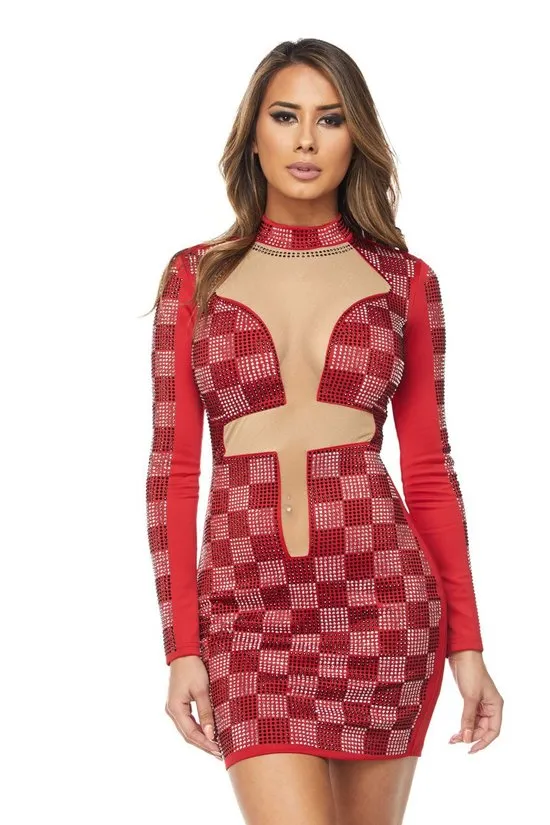 Lori Red Checkered Rhinestone Mesh Dress