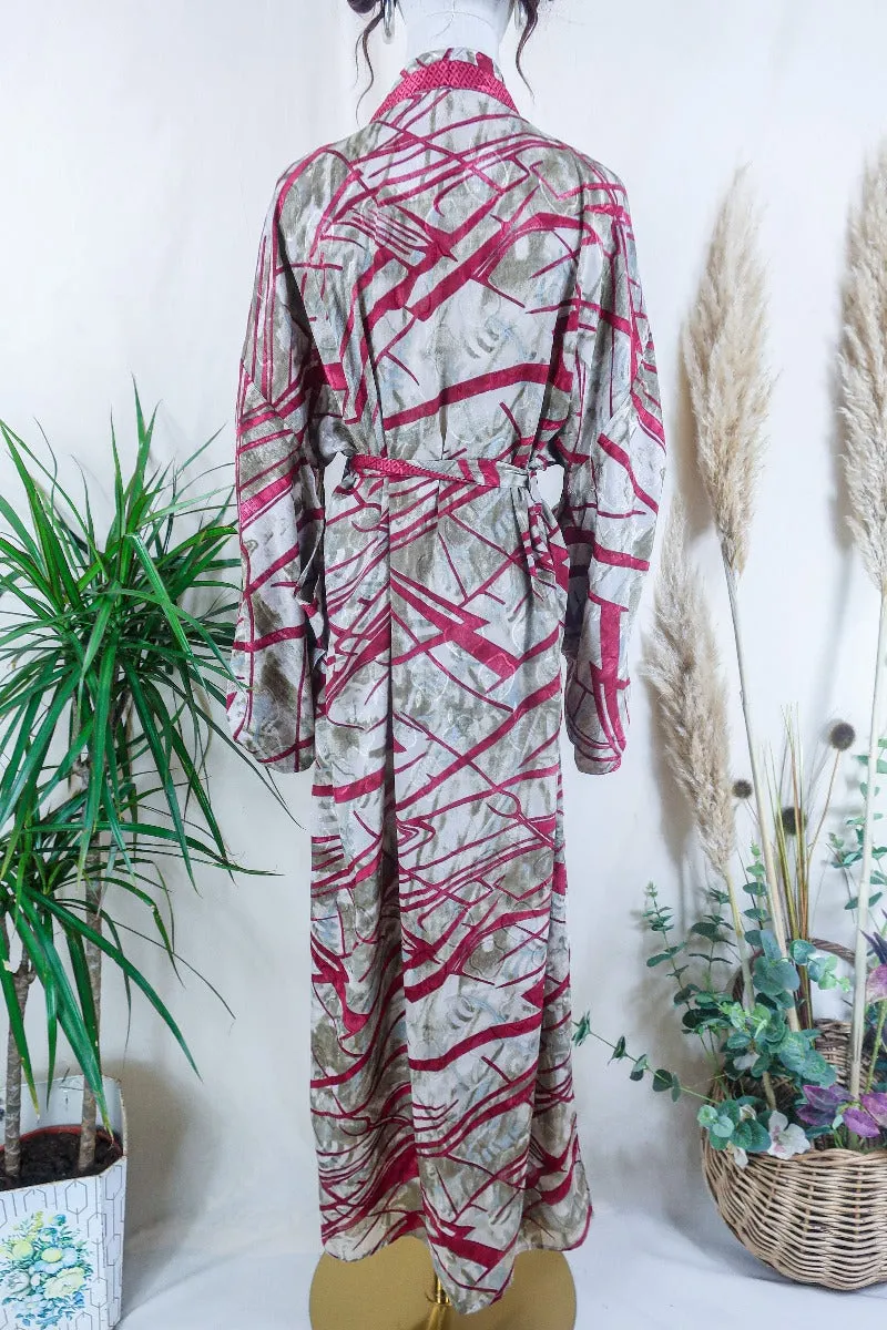 Lotus Kimono Dress - Snowy Pale Green & Red Abstract - Vintage Sari - Free Size