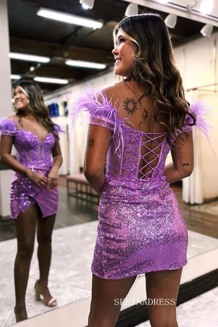 Lovely Sequin Homecoming Dresses Bodycon Feather Shoulder Hoco Dress #EWR550