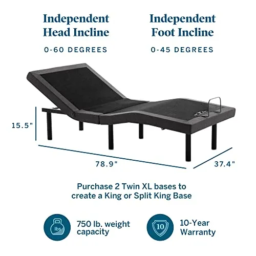 Lucid L300 Split King Adjustable Bed Base with Lucid 12 inch Latex Hybrid Split King Mattress